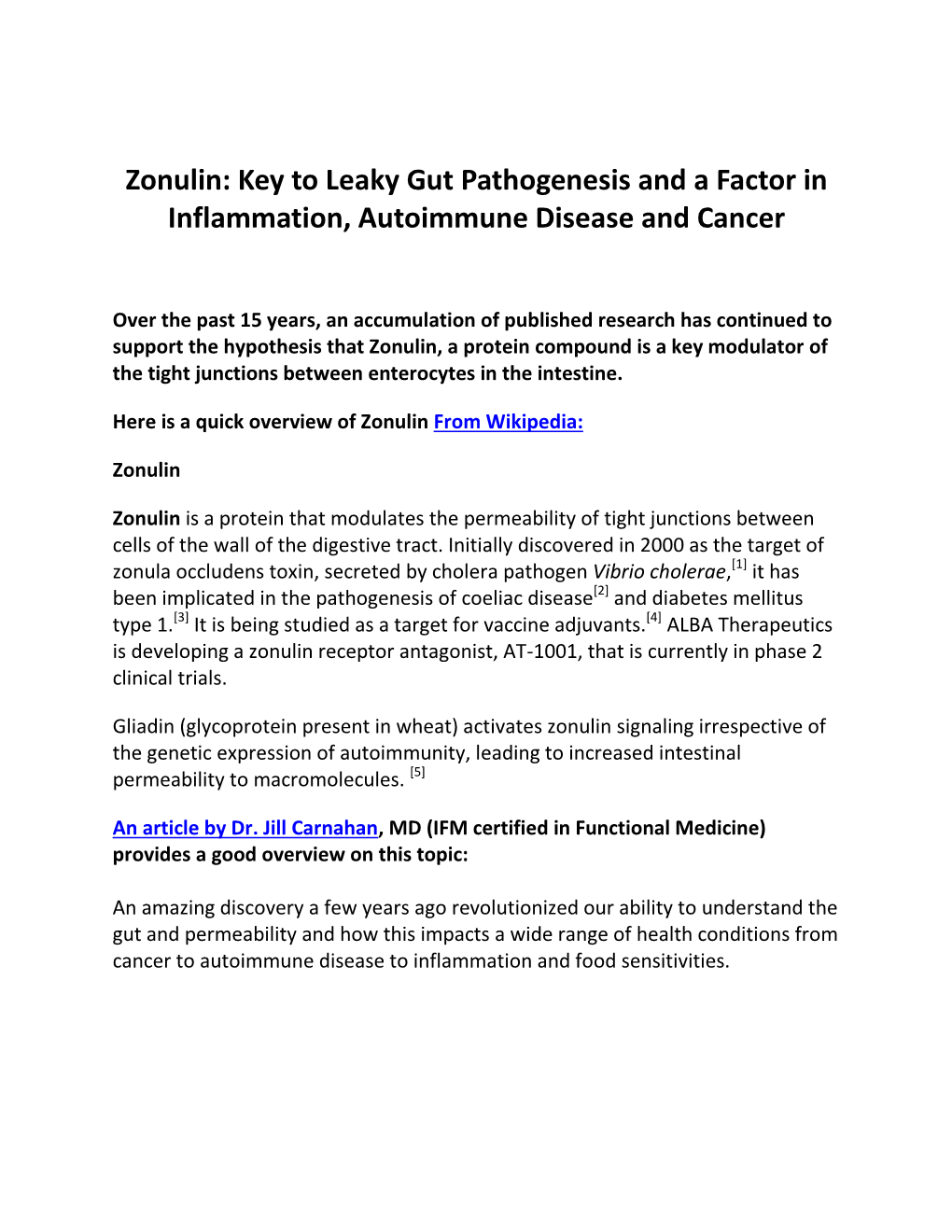 Zonulin: Key to Leaky Gut Pathogenesis and a Factor in Inflammation, Autoimmune Disease and Cancer