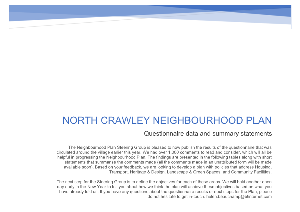 NORTH CRAWLEY NEIGHBOURHOOD PLAN Questionnaire Data and Summary Statements