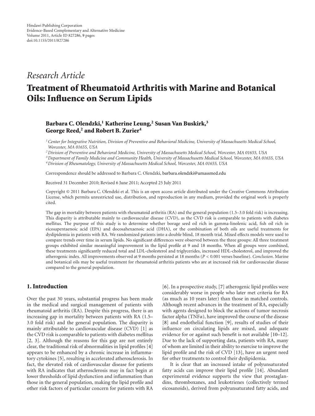 Treatment of Rheumatoid Arthritis with Marine and Botanical Oils: Influence on Serum Lipids