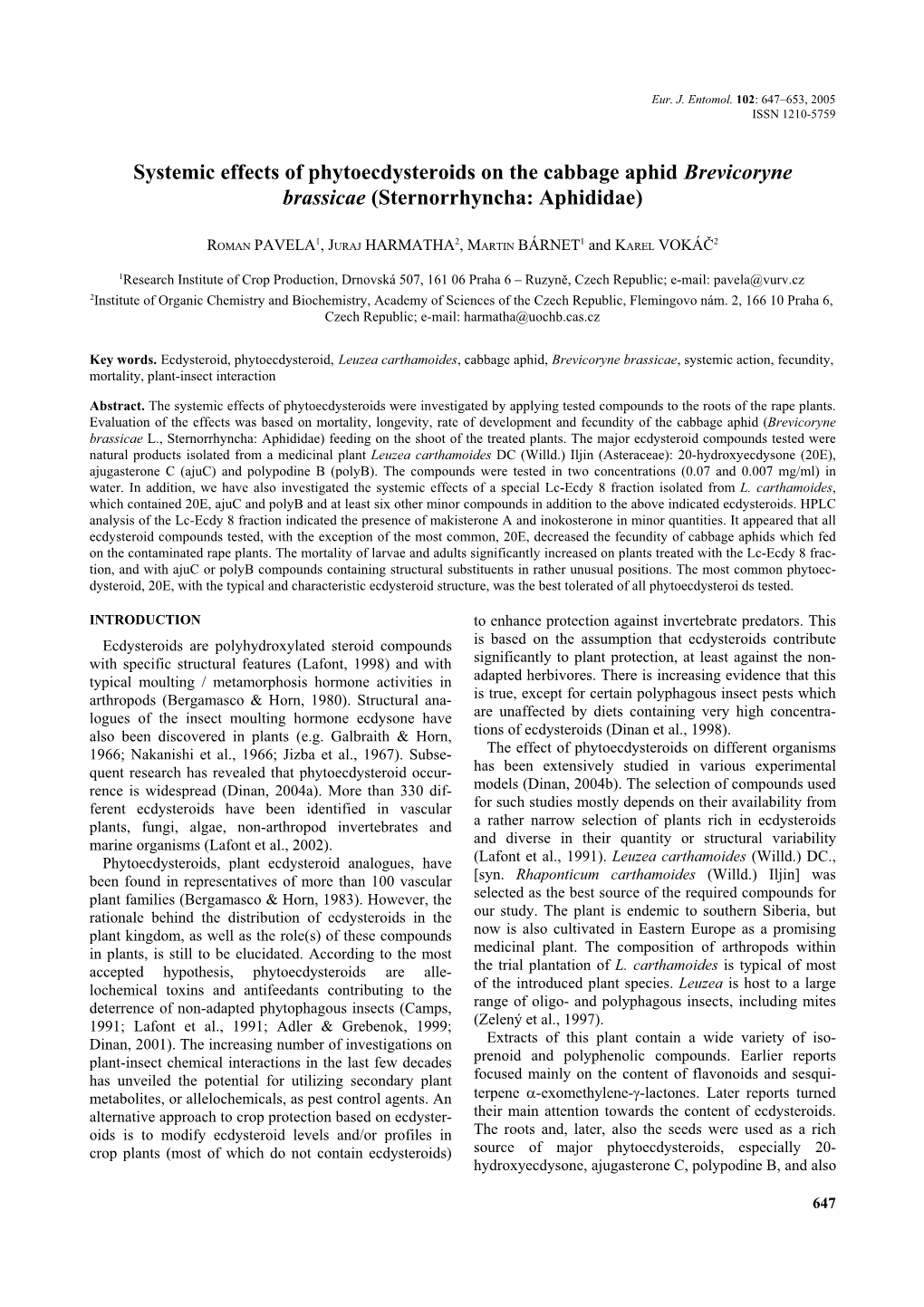 Systemic Effects of Phytoecdysteroids on the Cabbage Aphid Brevicoryne Brassicae (Sternorrhyncha: Aphididae)