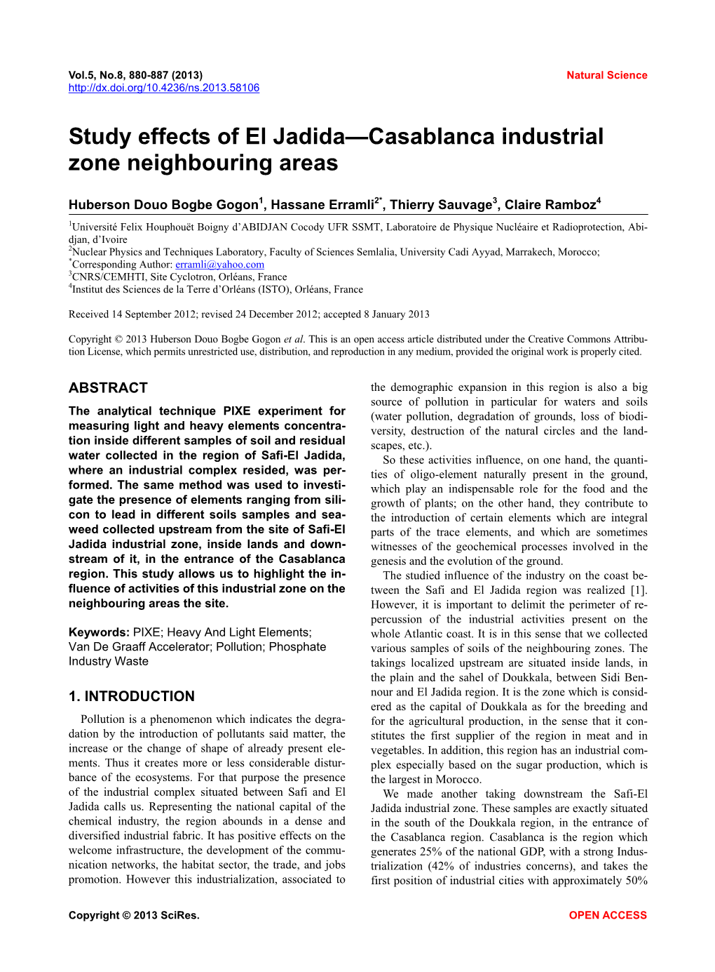 Study Effects of El Jadida—Casablanca Industrial Zone Neighbouring Areas