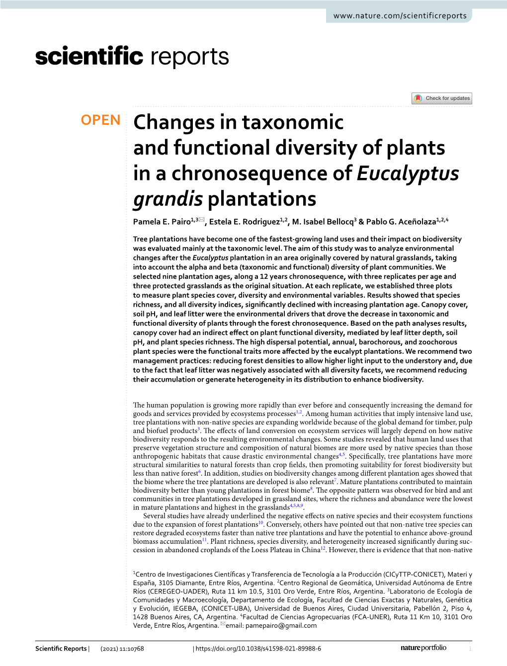 Changes in Taxonomic and Functional Diversity of Plants in a Chronosequence of Eucalyptus Grandis Plantations Pamela E