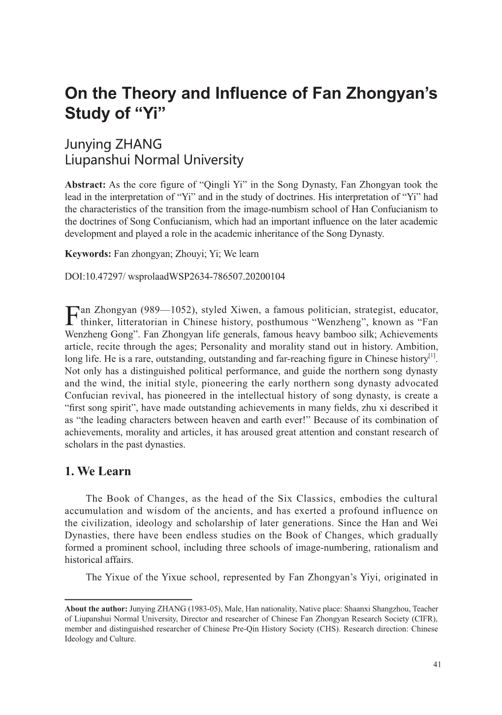 On the Theory and Influence of Fan Zhongyan's Study of “Yi”