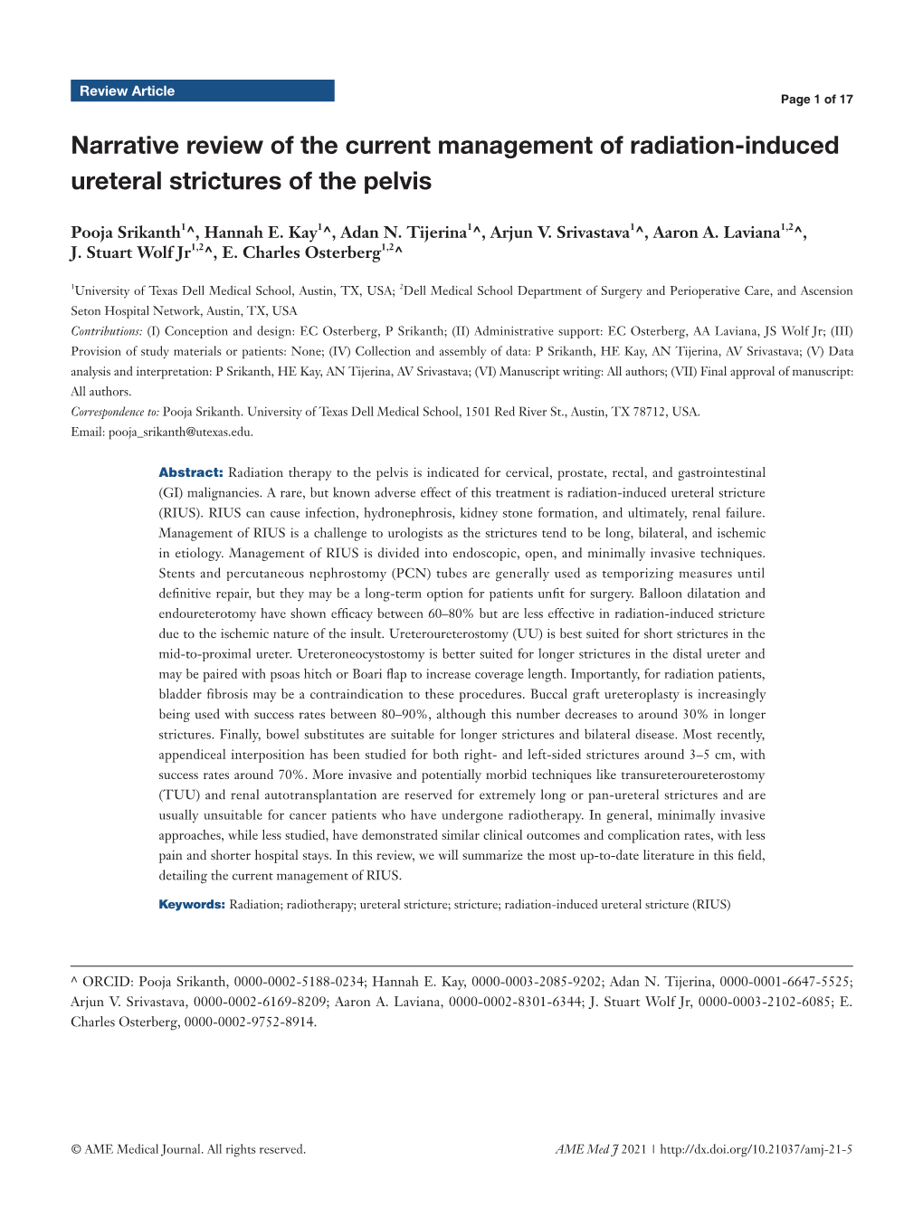 Narrative Review of the Current Management of Radiation-Induced Ureteral Strictures of the Pelvis