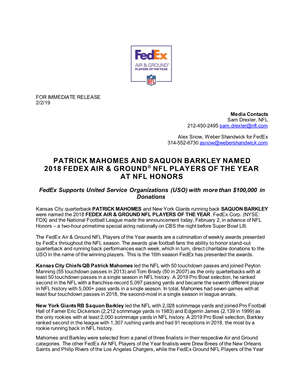 Patrick Mahomes and Saquon Barkley Named 2018 Fedex Air & Ground® Nfl Players of the Year at Nfl Honors