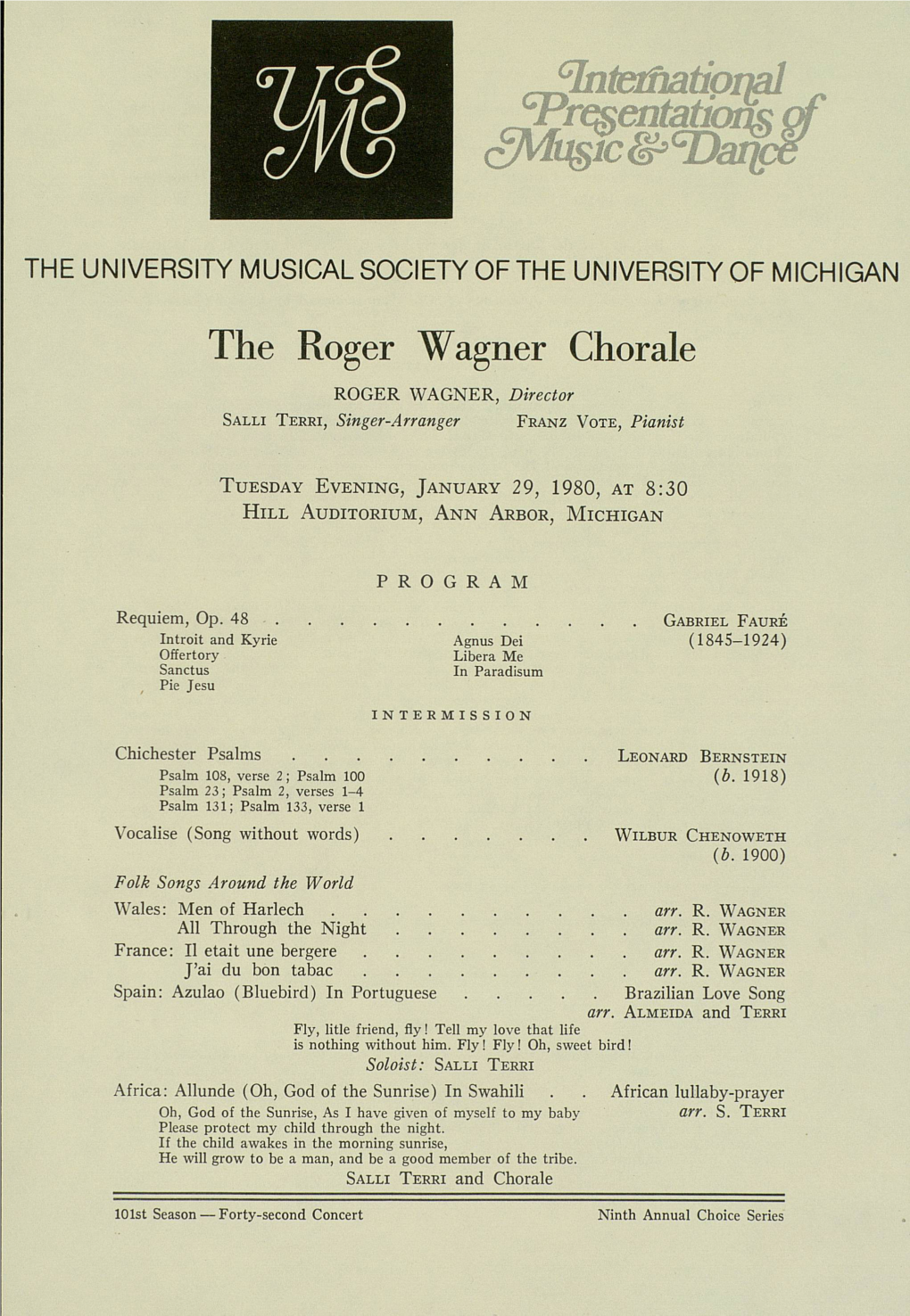 The Roger Wagner Chorale ROGER WAGNER, Director SALLI TERRI, Singer-Arranger FRANZ VOTE, Pianist