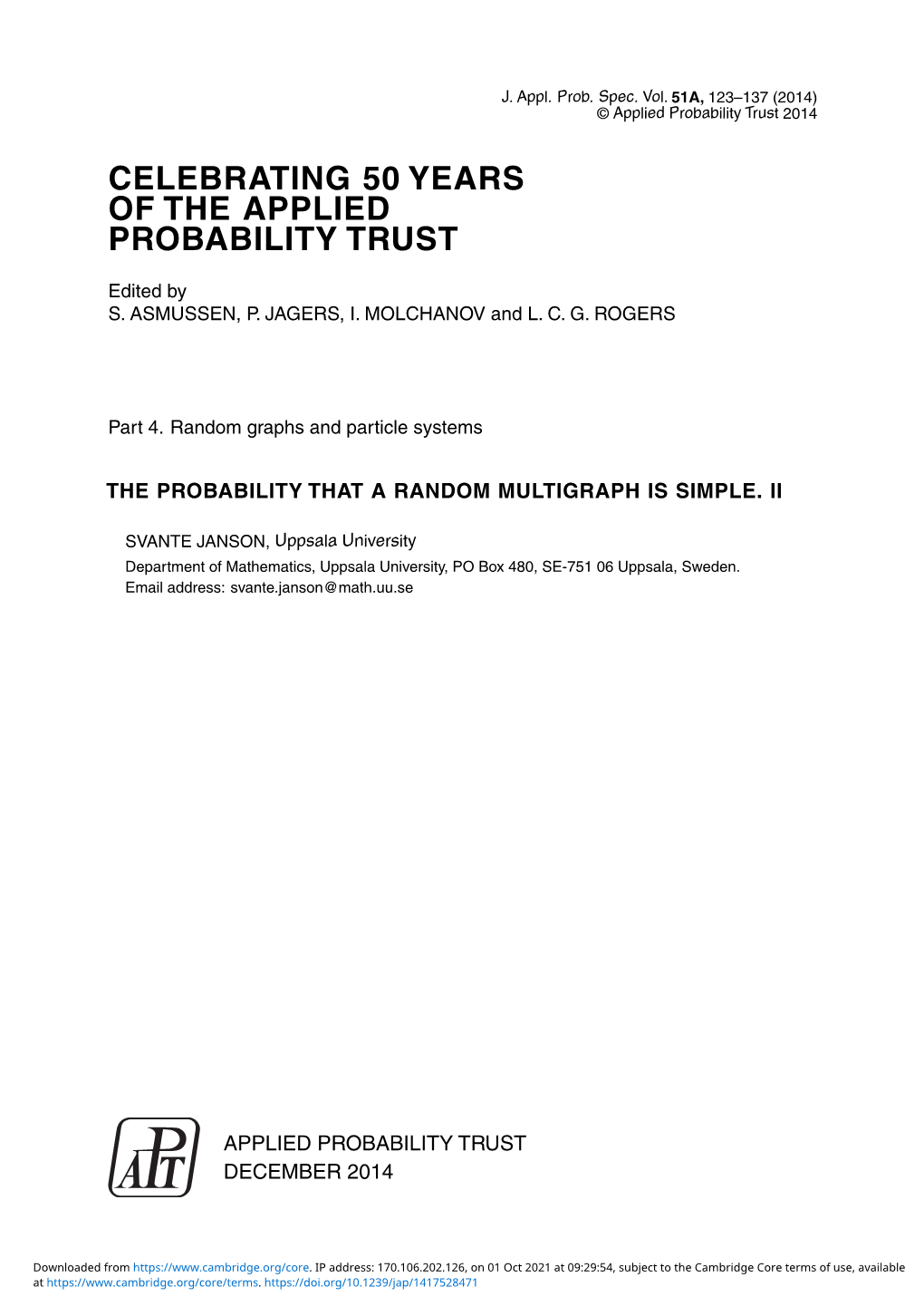 Celebrating 50 Years of the Applied Probability Trust
