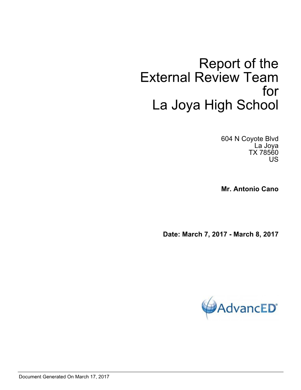 Report of the External Review Team for La Joya High School