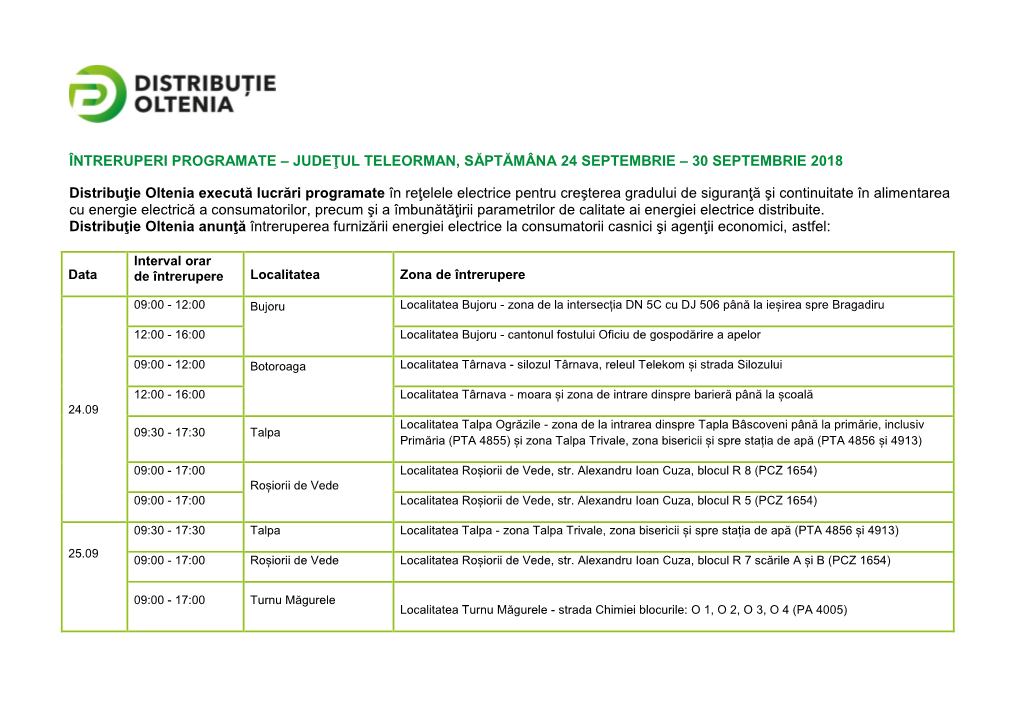 Întreruperi Programate – Judeţul Teleorman, Săptămâna 24 Septembrie – 30 Septembrie 2018