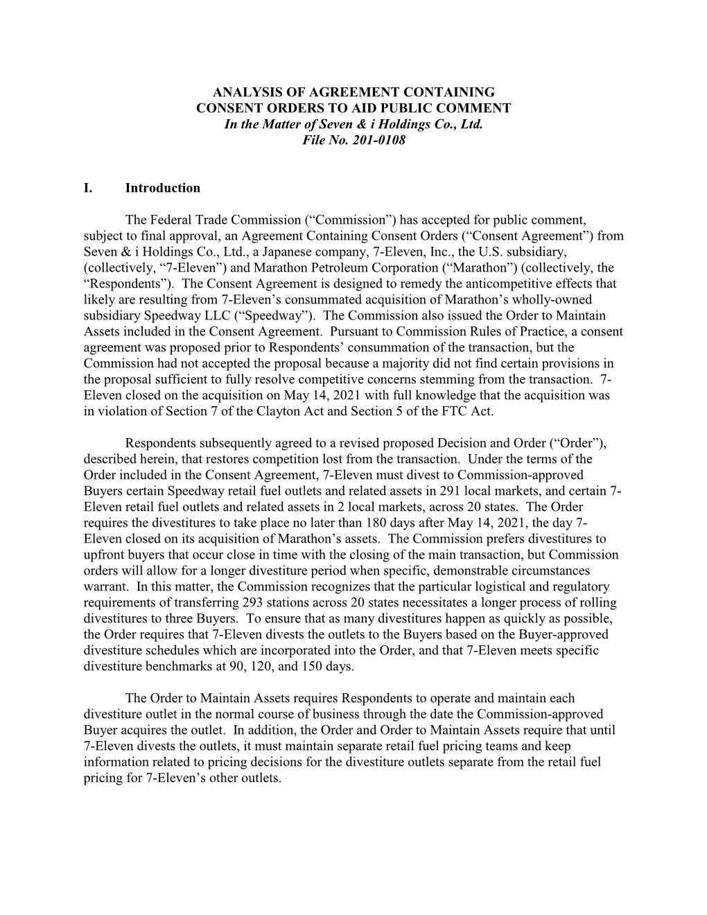 ANALYSIS of AGREEMENT CONTAINING CONSENT ORDERS to AID PUBLIC COMMENT in the Matter of Seven & I Holdings Co., Ltd