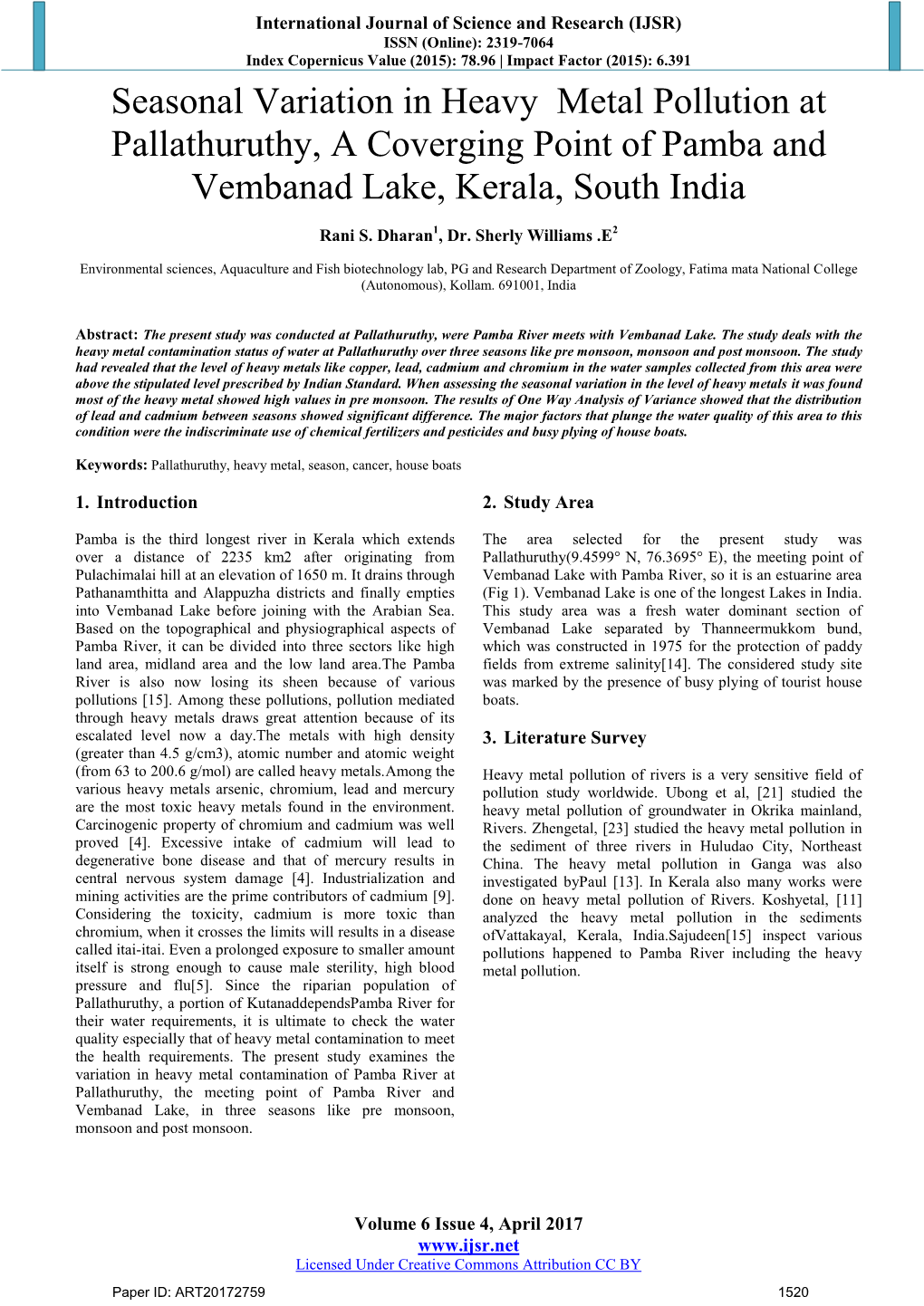 Seasonal Variation in Heavy Metal Pollution at Pallathuruthy, a Coverging Point of Pamba and Vembanad Lake, Kerala, South India