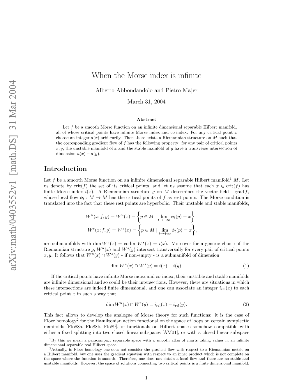 Arxiv:Math/0403552V1 [Math.DS] 31 Mar 2004 Nt Os Index Morse ﬁnite Sdnt Ycrit( by Denote Us Let Introduction Iesoa Eaal Elhletspace