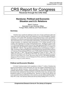 Honduras: Political and Economic Situation and U.S. Relations