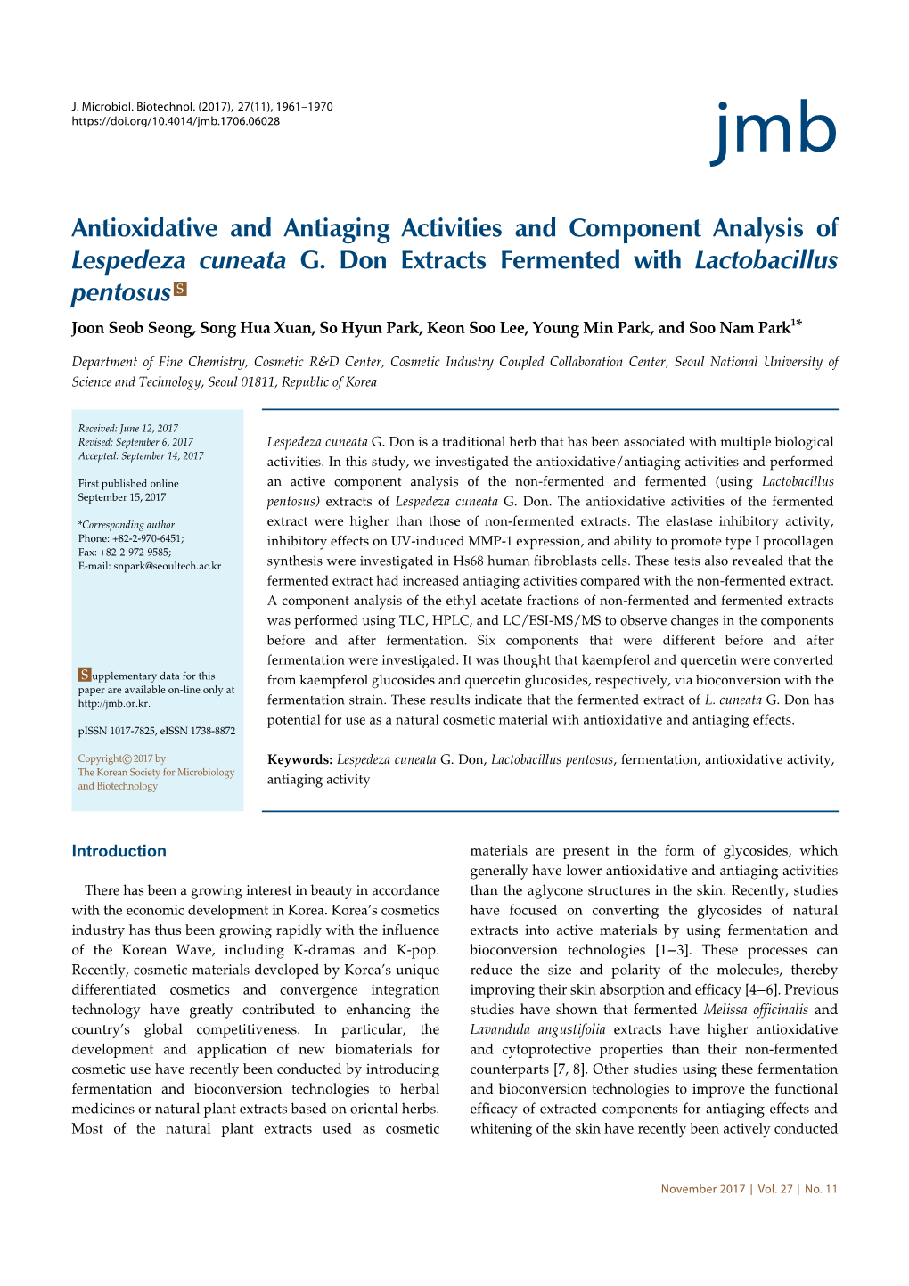 Antioxidative and Antiaging Activities and Component Analysis of Lespedeza Cuneata G