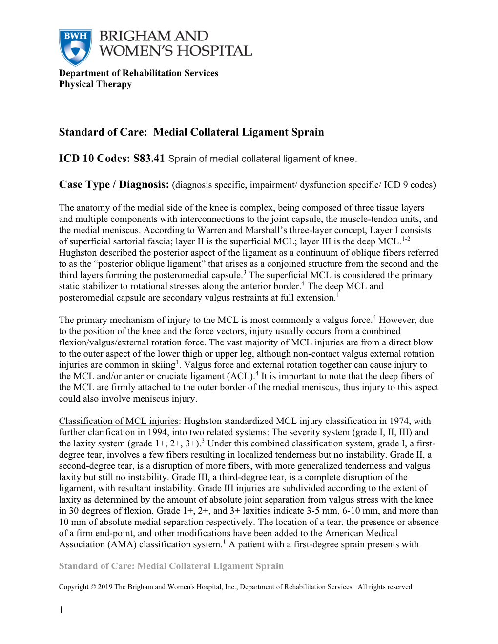 Standard of Care: Medial Collateral Ligament Sprain