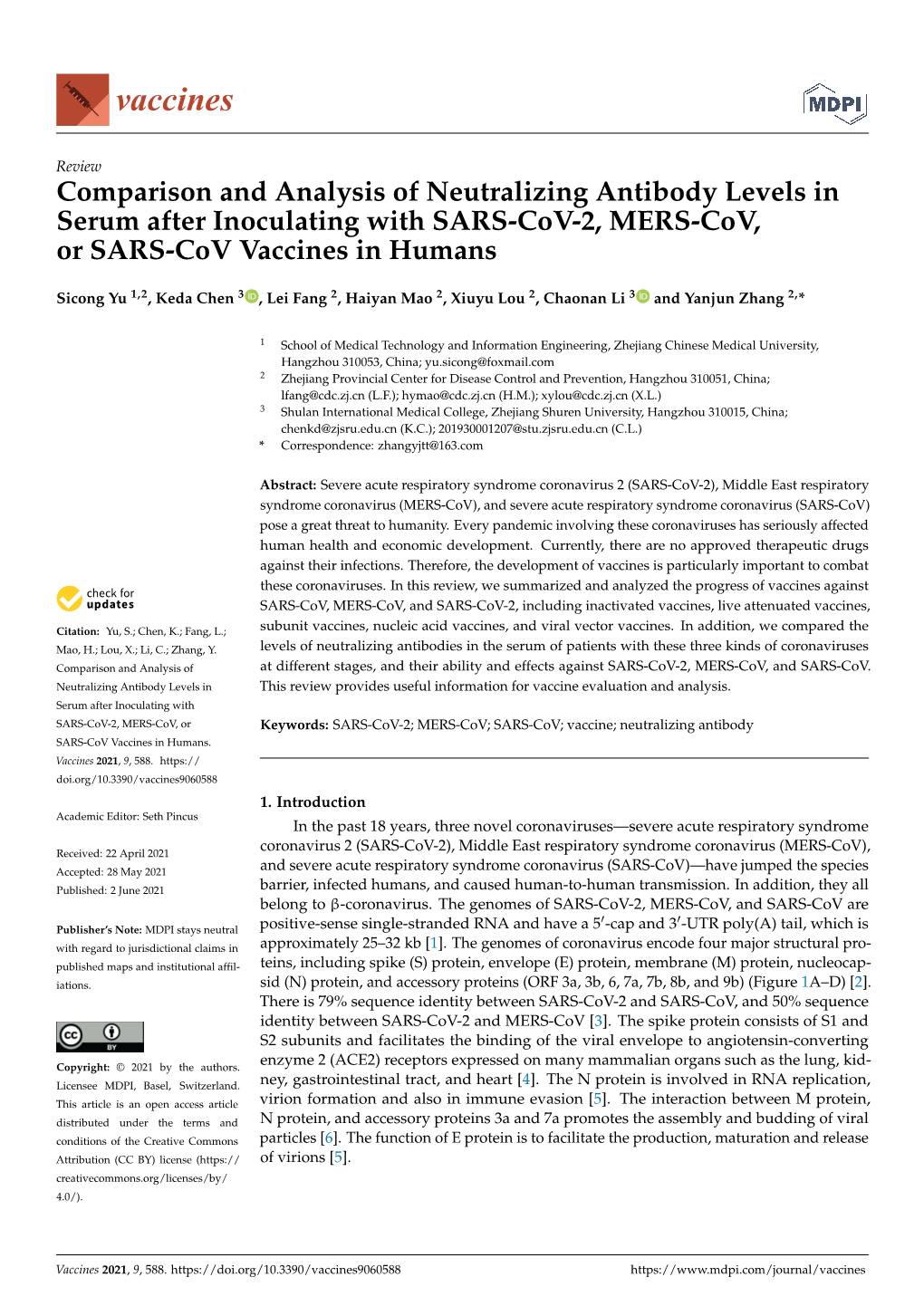 Comparison and Analysis of Neutralizing Antibody Levels in Serum After Inoculating with SARS-Cov-2, MERS-Cov, Or SARS-Cov Vaccines in Humans