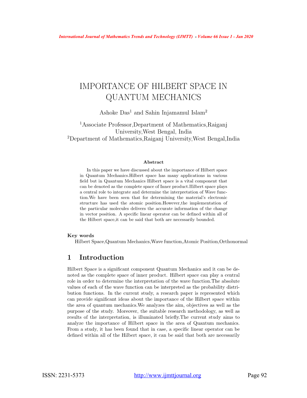 Importance of Hilbert Space in Quantum Mechanics