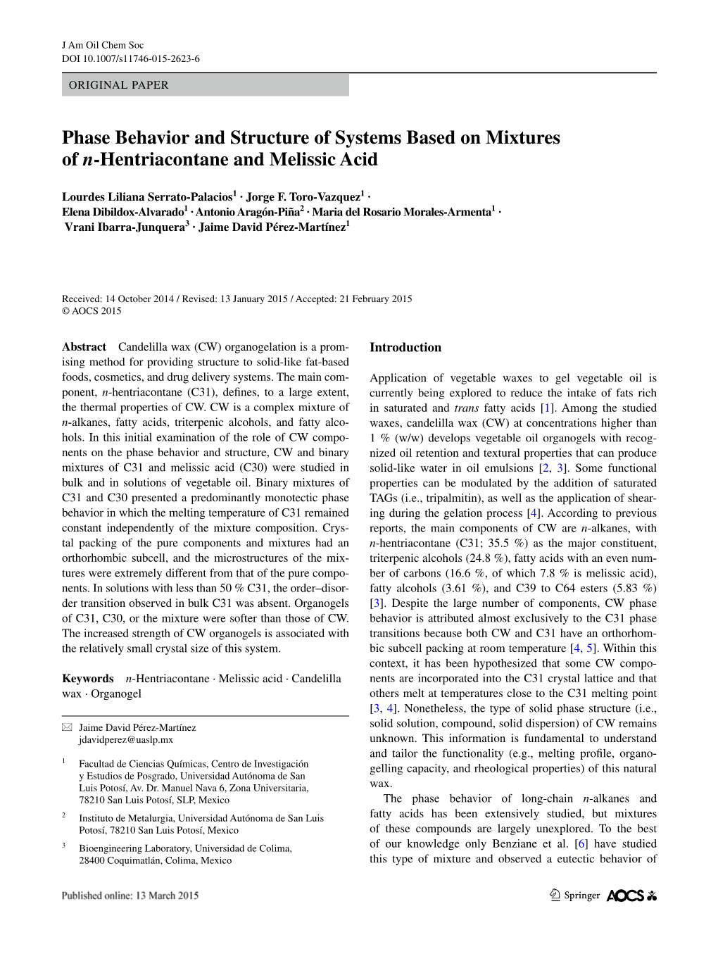 Phase Behavior and Structure of Systems Based on Mixtures of N-Hentriacontane and Melissic Acid