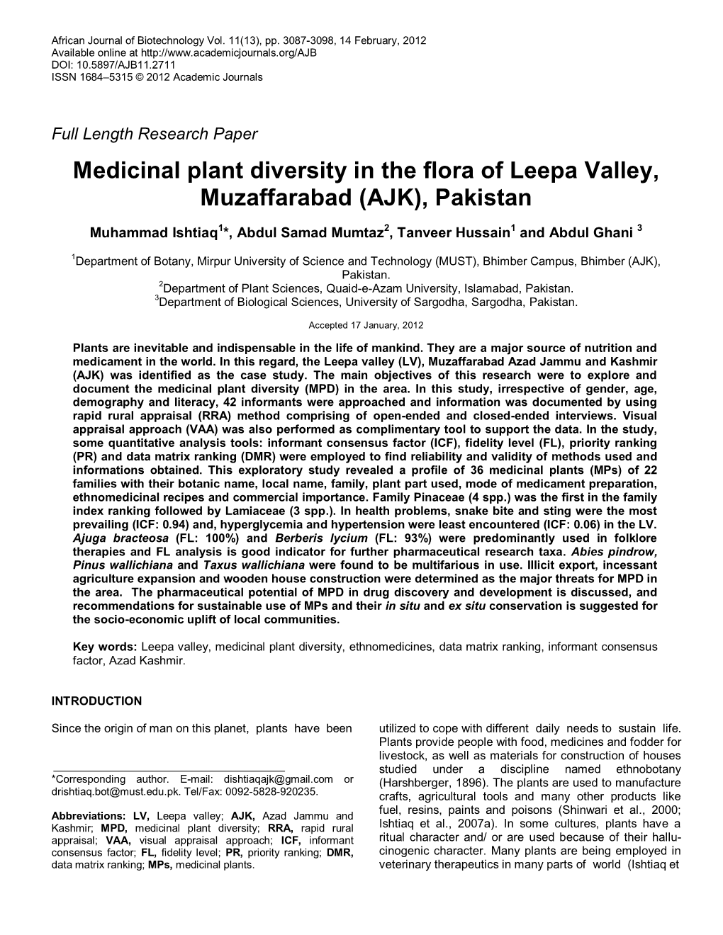 Ethnobotanical Survey of Leepa Valley