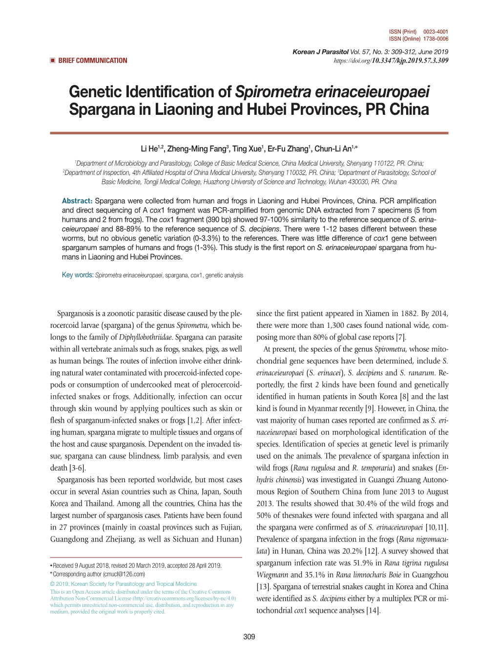 Genetic Identification of Spirometra Erinaceieuropaei Spargana in Liaoning and Hubei Provinces, PR China