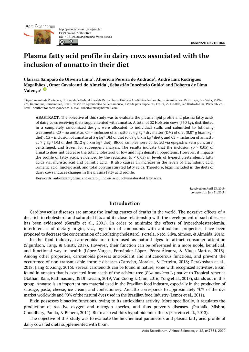 Plasma Fatty Acid Profile in Dairy Cows Associated with the Inclusion of Annatto in Their Diet