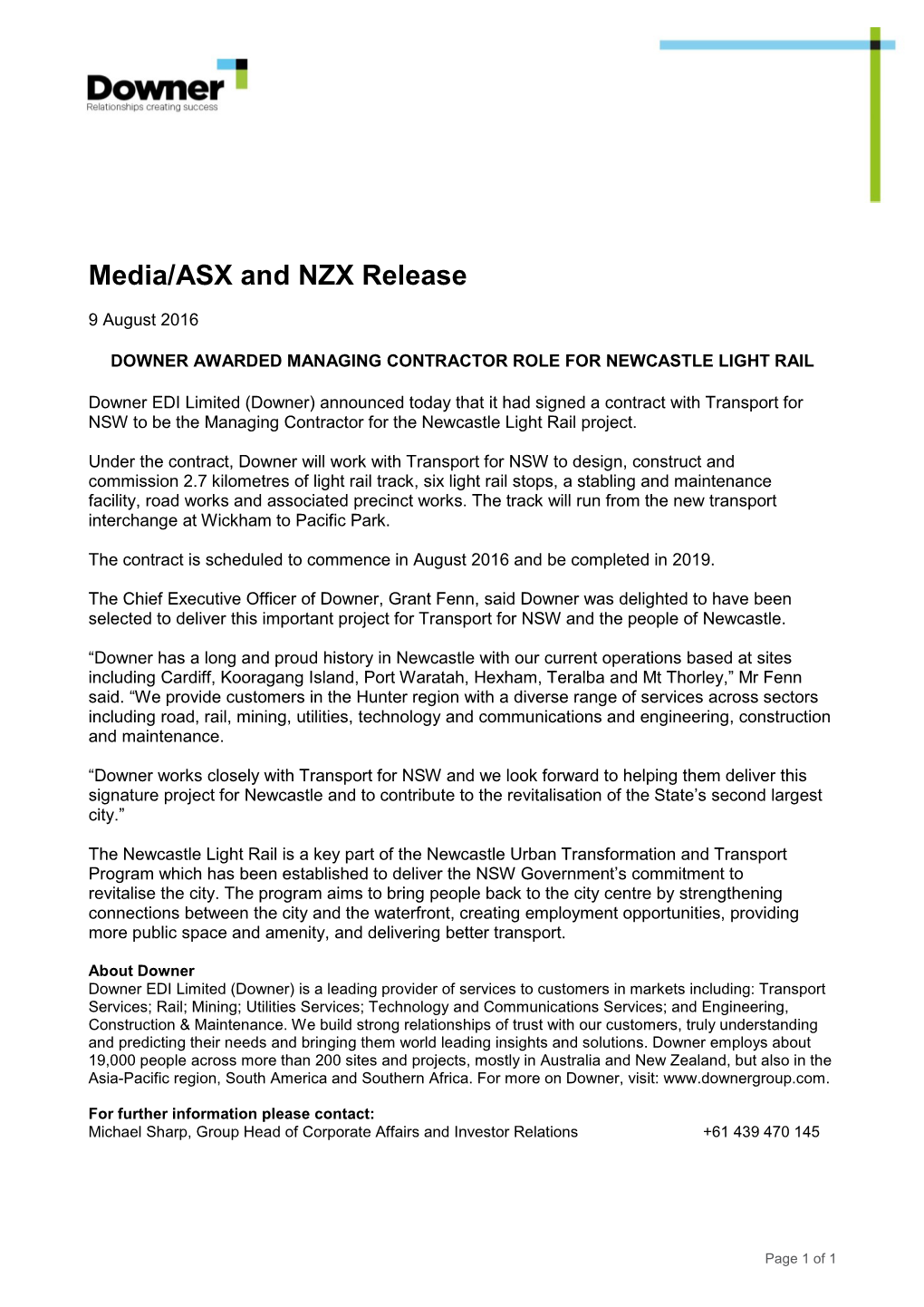 Downer Awarded As Managing Contractor for Newcastle Light Rail