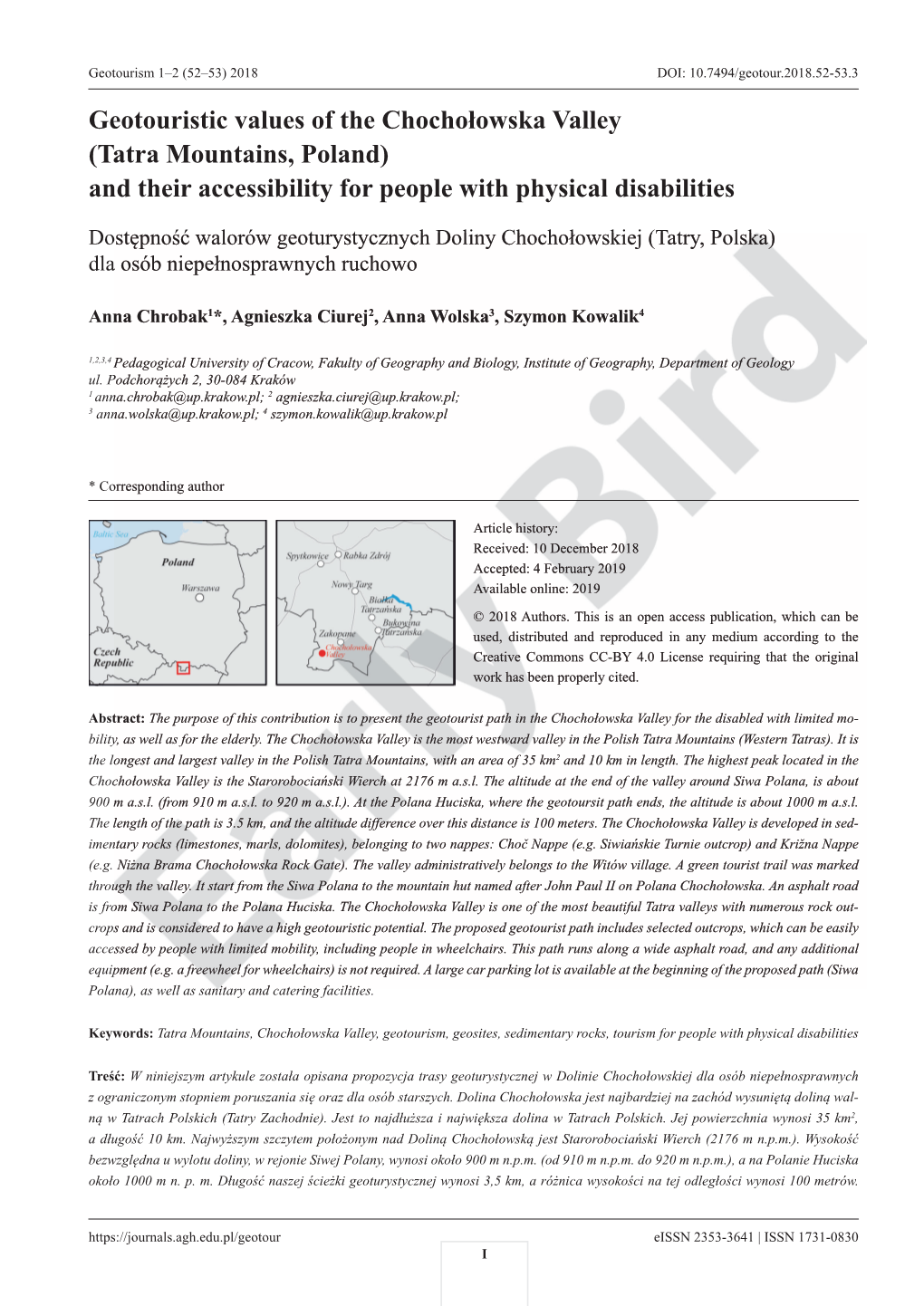 Geotouristic Values of the Chochołowska Valley (Tatra Mountains, Poland) and Their Accessibility for People with Physical Disabilities