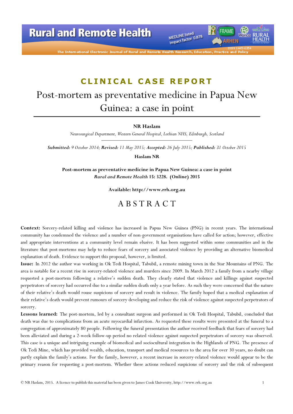 Post-Mortem As Preventative Medicine in Papua New Guinea: a Case in Point