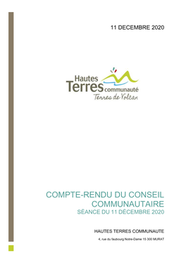 Compte-Rendu Du Conseil Communautaire Séance Du 11 Décembre 2020