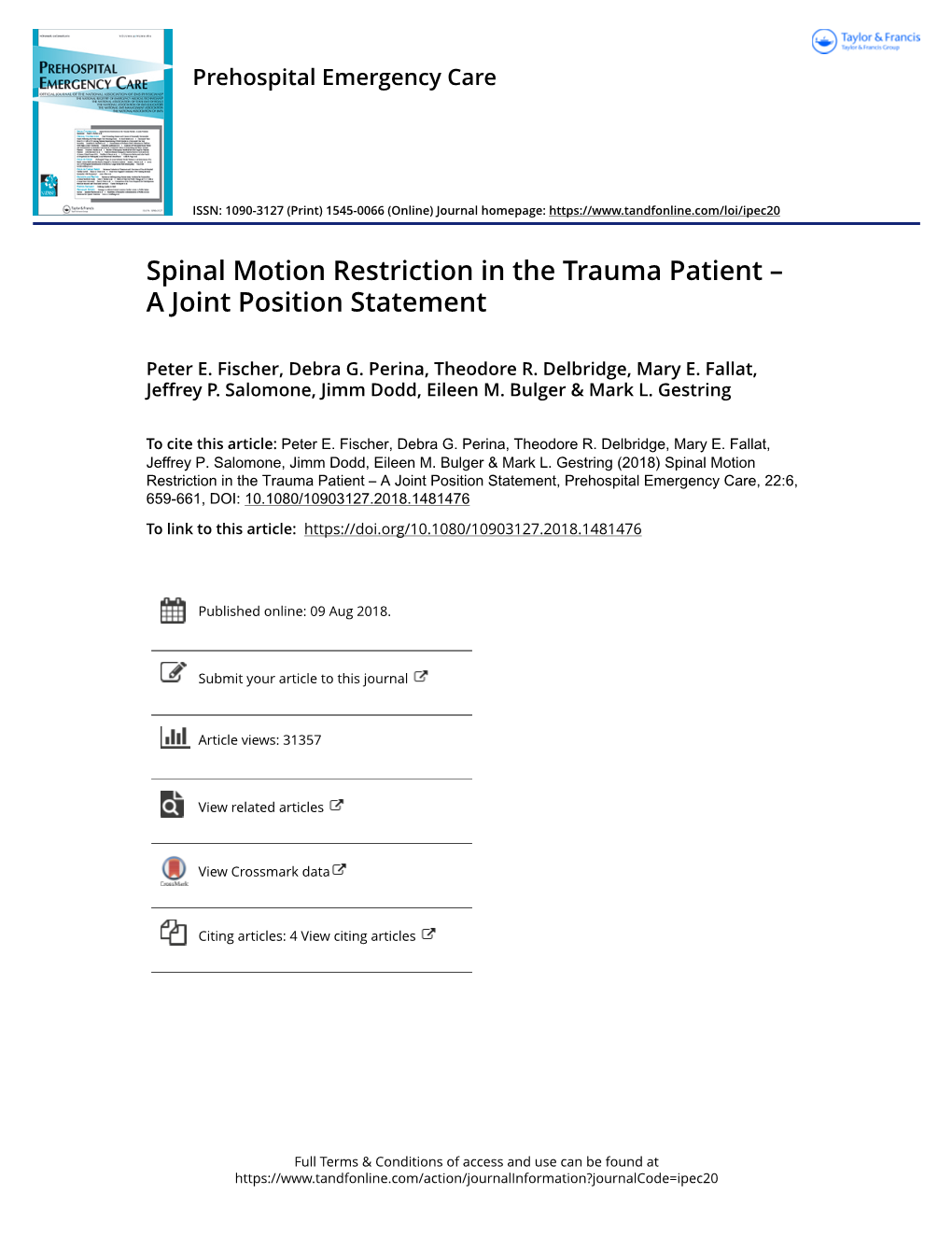 Spinal Motion Restriction in the Trauma Patient – a Joint Position Statement