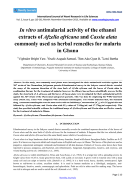 In Vitro Antimalarial Activity of the Ethanol Extracts of Afzelia Africana and Cassia Alata Commonly Used As Herbal Remedies for Malaria in Ghana