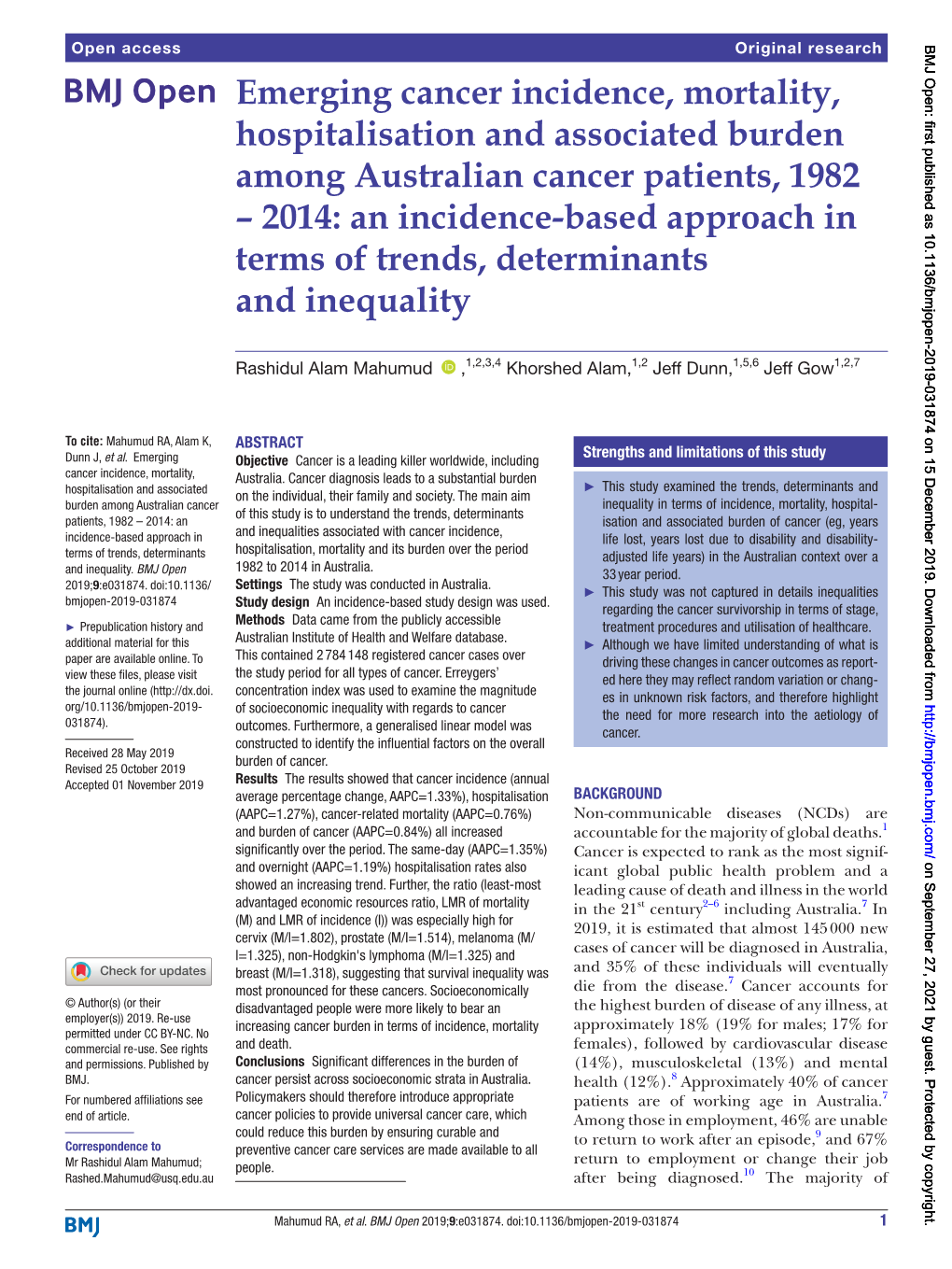 Emerging Cancer Incidence, Mortality, Hospitalisation and Associated Burden Among Australian Cancer Patients, 1982