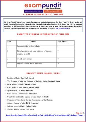 CURRENT AFFAIRS for SSC CHSL 2020 Subscribe Our Yearly Mock