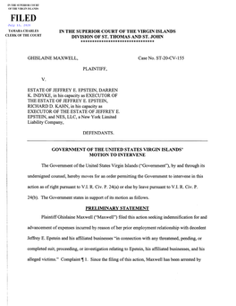 I in the SUPERIOR COURT of the VIRGIN ISLANDS I DIVISION of ST THOMAS and ST JOHN ******************************** I GHISLAINE MAXWELL Case No ST 20 CV 155