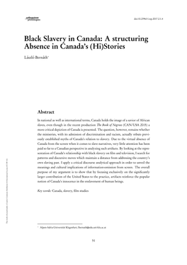 Black Slavery in Canada: a Structuring Absence in Canada’S (Hi)Stories