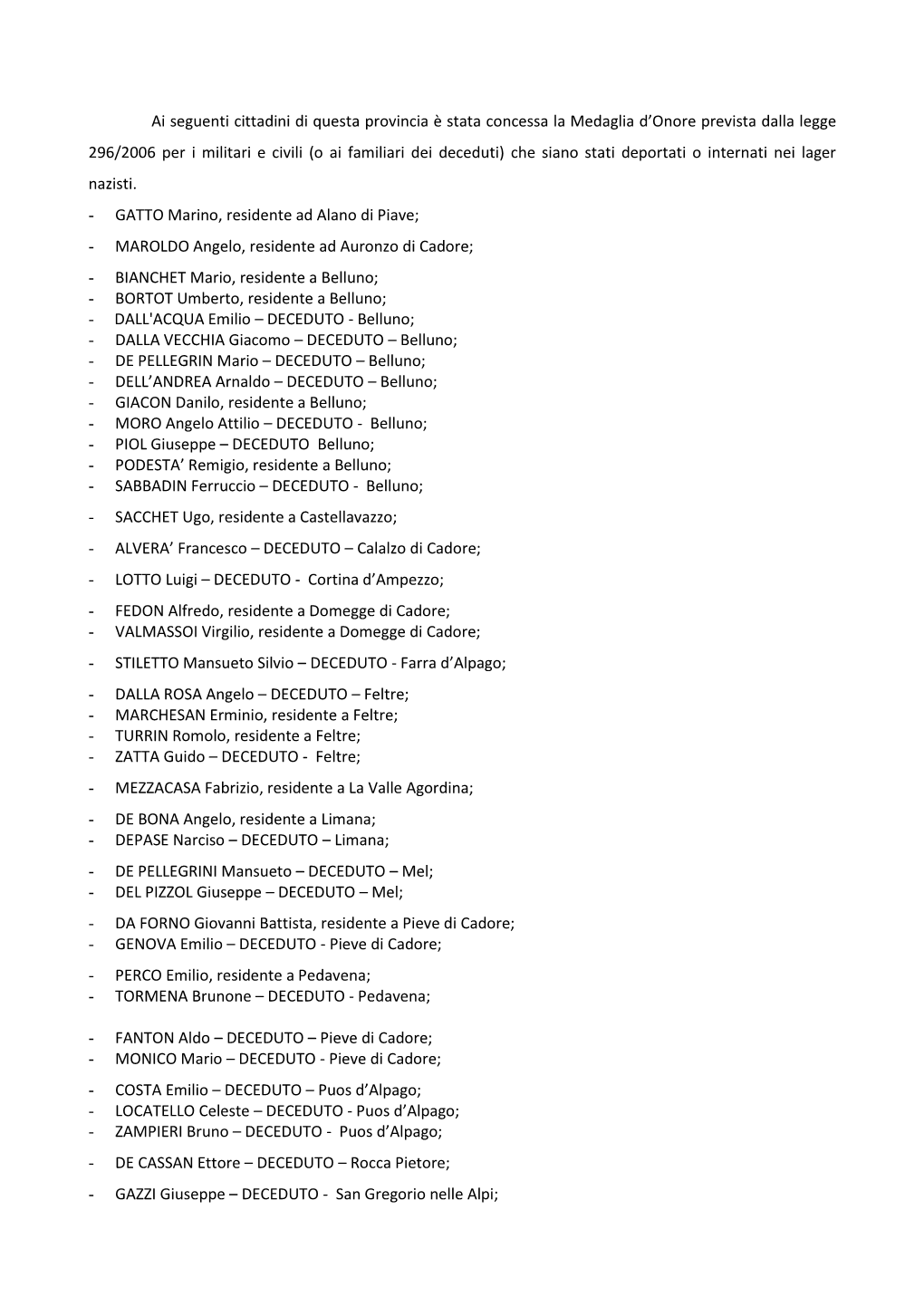 Ai Seguenti Cittadini Di Questa Provincia È Stata Concessa La Medaglia D'onore Prevista Dalla Legge 296/2006 Per I Militari E