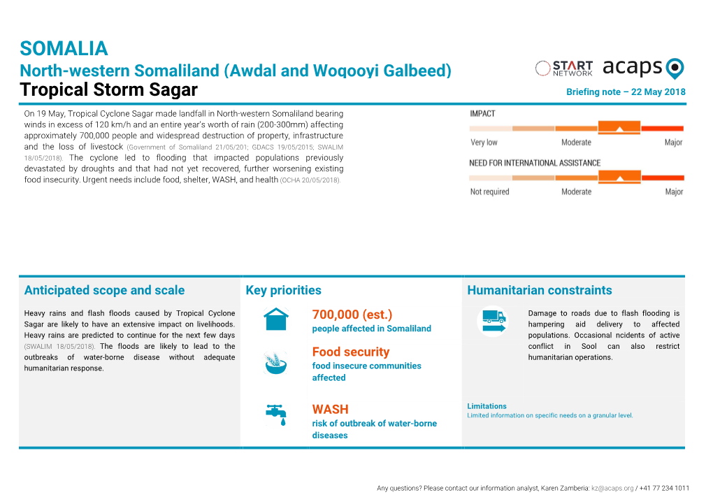 SOMALIA North-Western Somaliland (Awdal and Woqooyi Galbeed) Tropical Storm Sagar Briefing Note – 22 May 2018