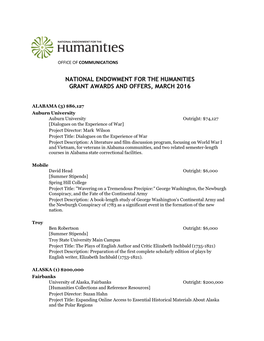 National Endowment for the Humanities Grant Awards and Offers, March 2016