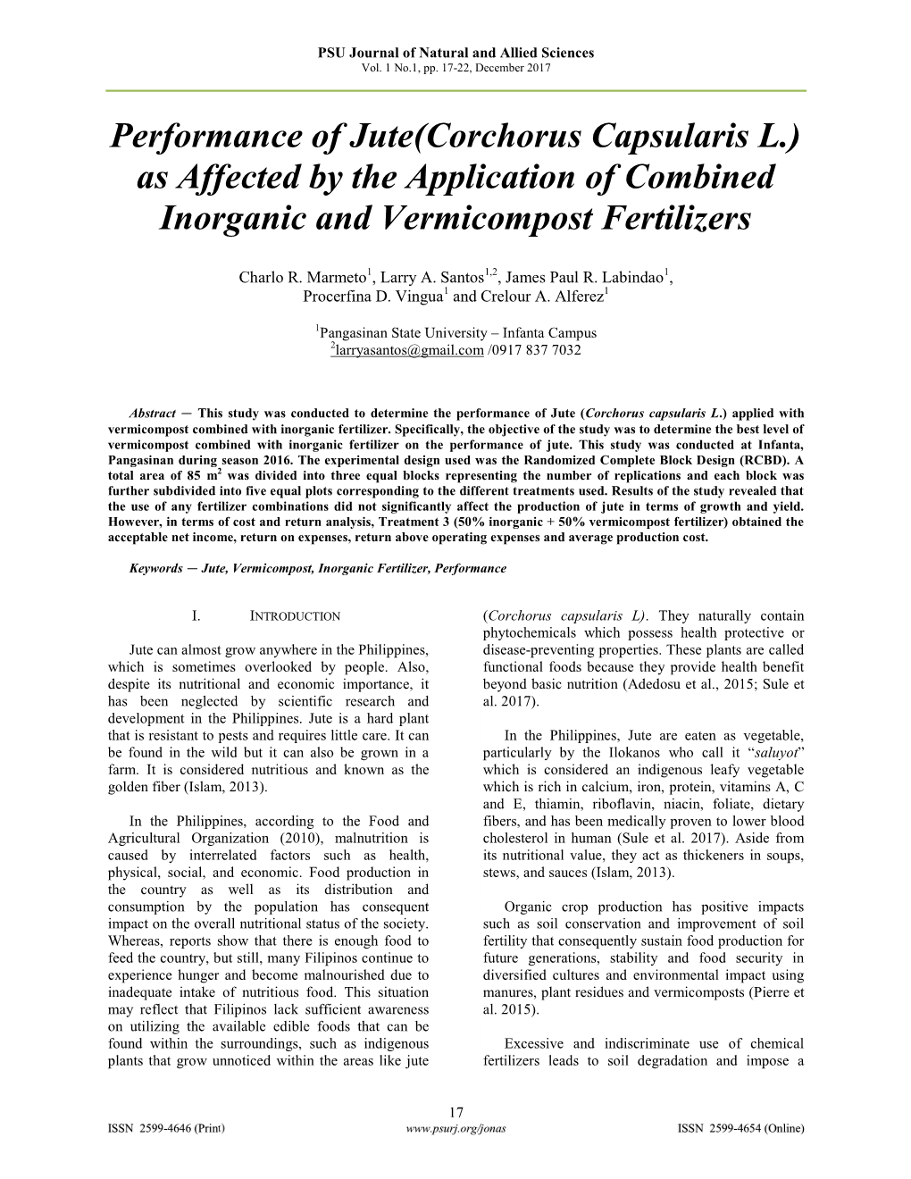 Performance of Jute(Corchorus Capsularis L.) As Affected by the Application of Combined Inorganic and Vermicompost Fertilizers
