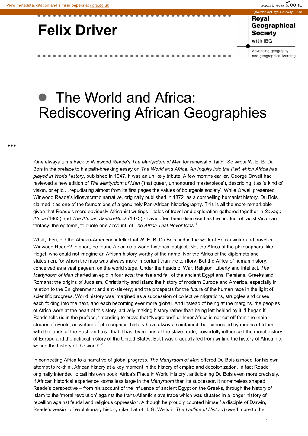 Felix Driver the World and Africa: Rediscovering African Geographies