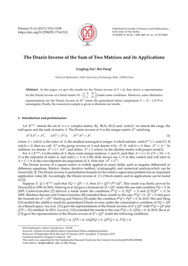 The Drazin Inverse of the Sum of Two Matrices and Its Applications