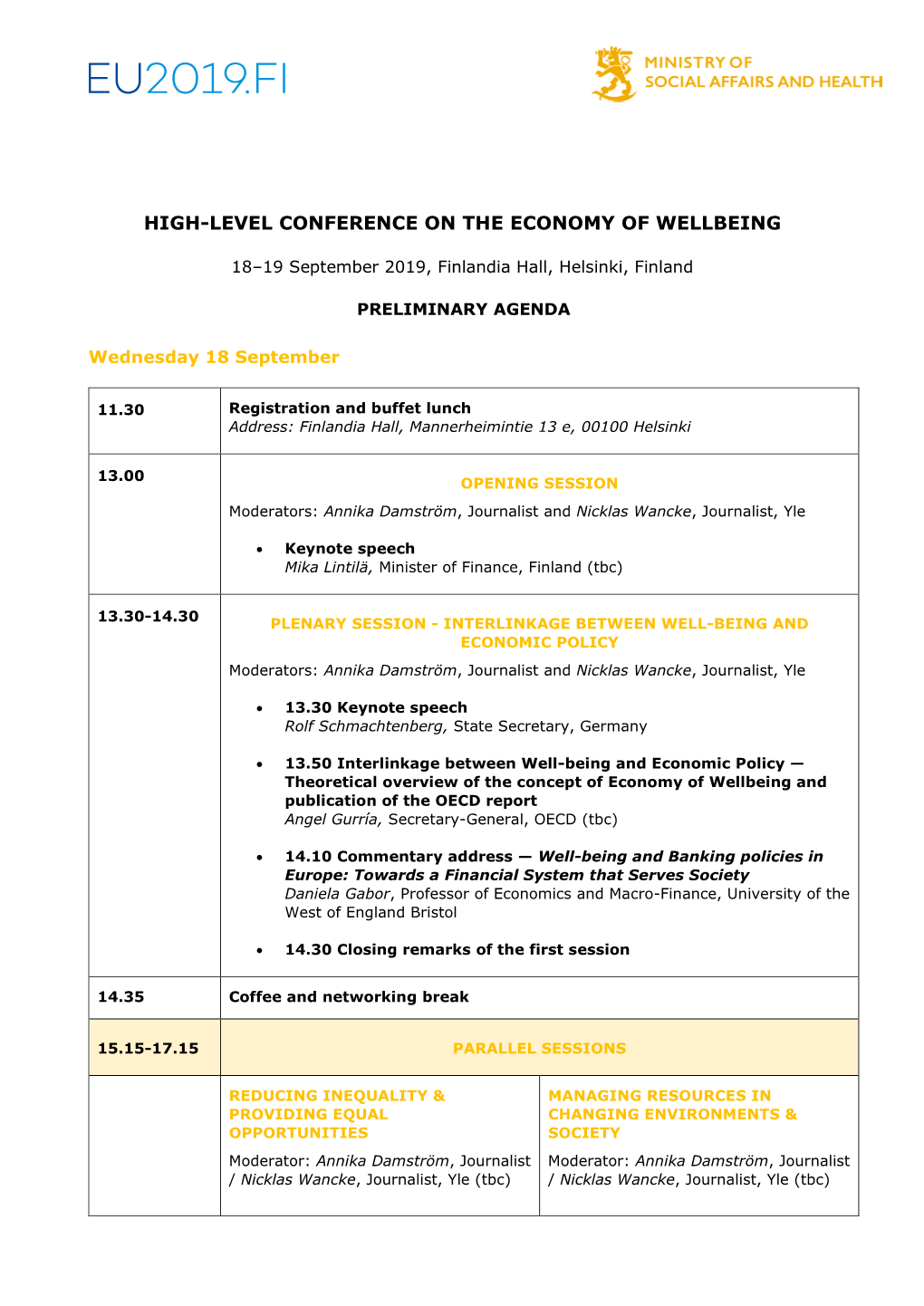 High-Level Conference on the Economy of Wellbeing
