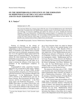 On the Mediterranean Influence on the Formation of Herpetofauna of the Caucasian Isthmus and Its Main Xerophylous Refugia