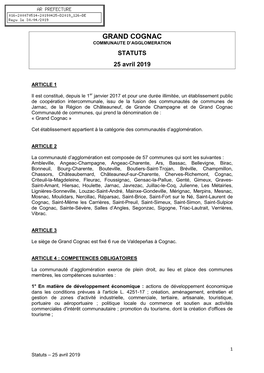 GRAND COGNAC COMMUNAUTE D’AGGLOMERATION STATUTS 25 Avril 2019