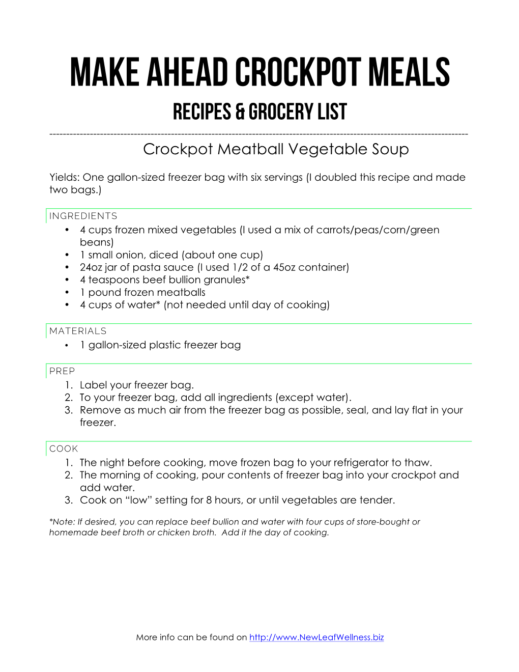 MAKE AHEAD CROCKPOT MEALS Recipes & Grocery List ------Crockpot Meatball Vegetable Soup