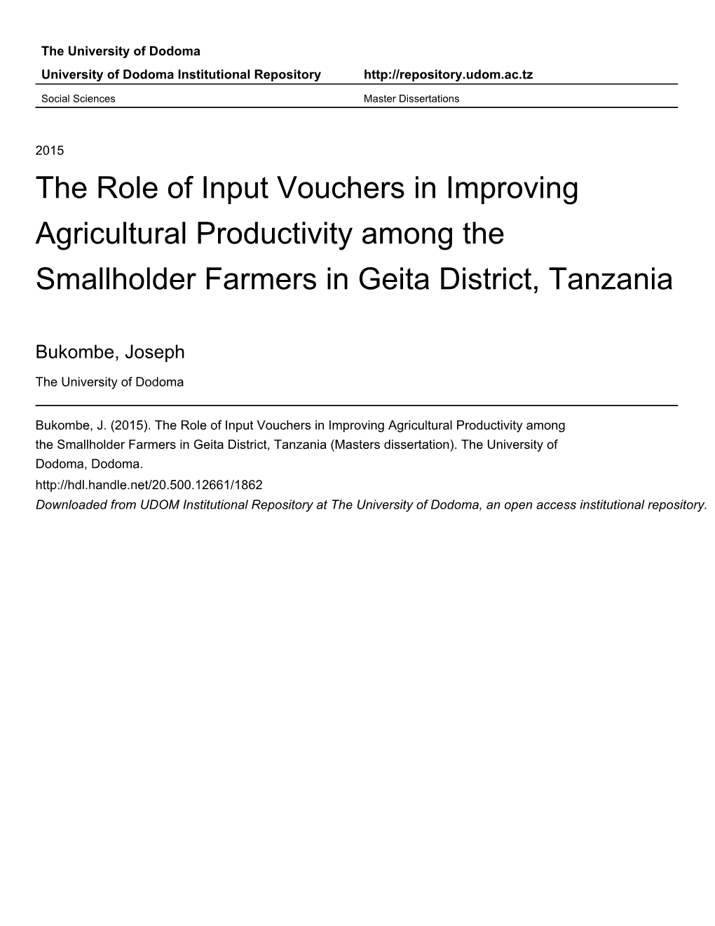 The Role of Input Vouchers in Improving Agricultural Productivity Among the Smallholder Farmers in Geita District, Tanzania