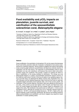 Food Availability and Pco2 Impacts on Planulation, Juvenile Survival