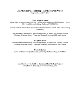 Swartkrans Paleoanthropology Research Project Progress Report 2009-2012