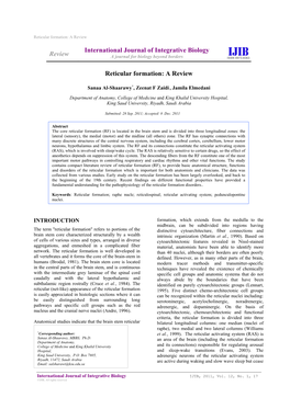 Review International Journal of Integrative Biology Reticular Formation