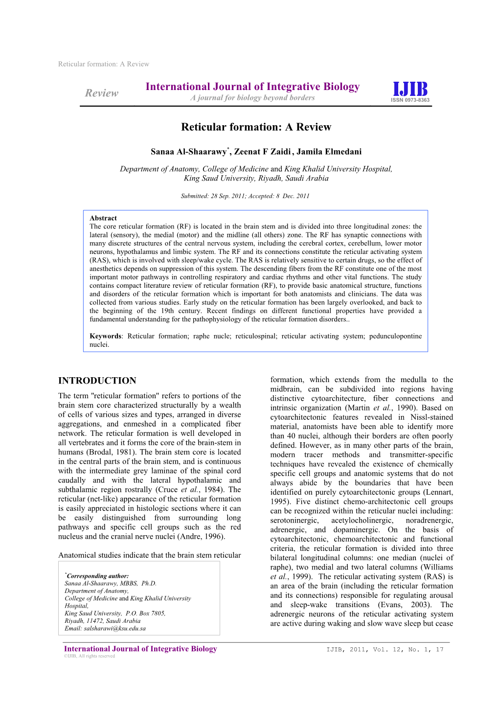 Review International Journal of Integrative Biology Reticular Formation